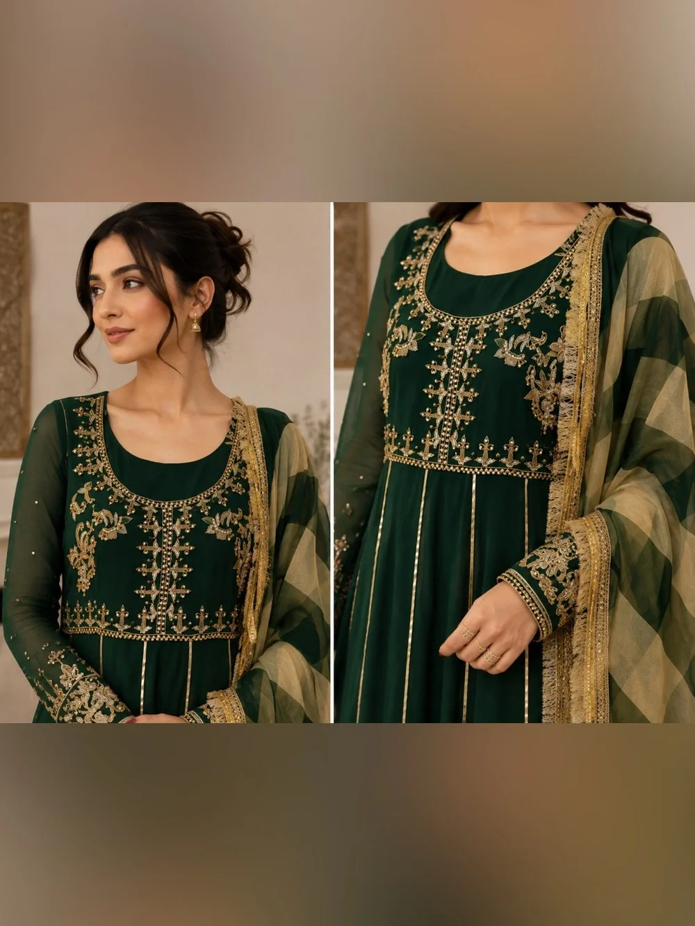 Emerald Green Pakistani Anarkali Formal Dress 3PC Gold Embroidery